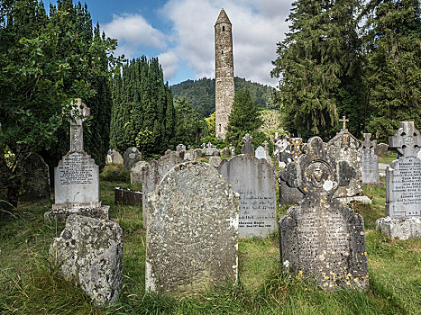 墓地,格兰达洛,教堂,威克洛郡,山,爱尔兰,欧洲