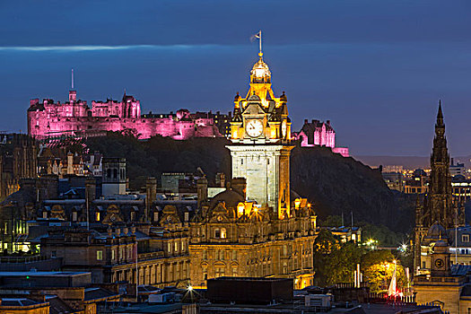 黎明,风景,上方,巴尔莫拉尔,酒店,塔,老,城堡,爱丁堡,洛锡安,苏格兰