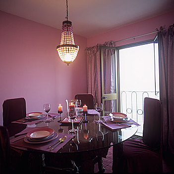 粉色,餐厅,灯,悬吊,高处,圆形,成套餐具,餐饭