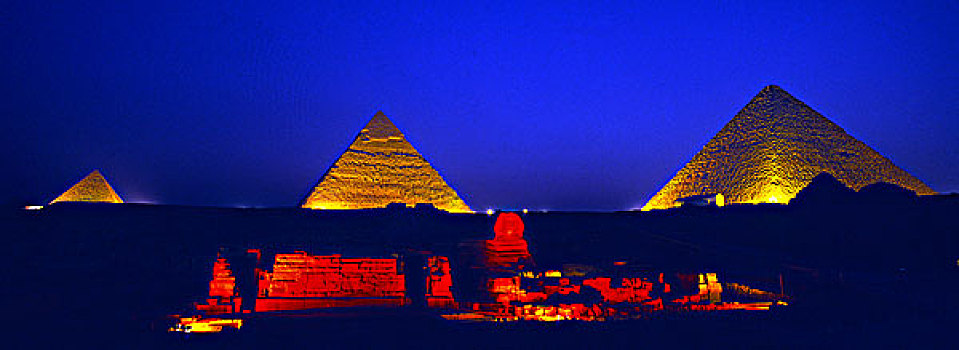 吉萨金字塔,狮身人面像,夜晚