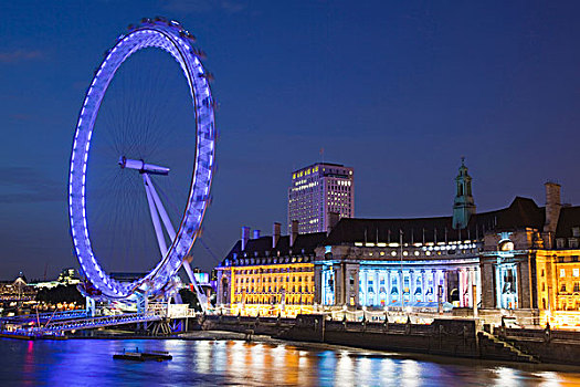 伦敦,伦敦眼,轮子,南,堤岸,河,泰晤士河,水族箱,右边,黄昏,英格兰,英国,欧洲