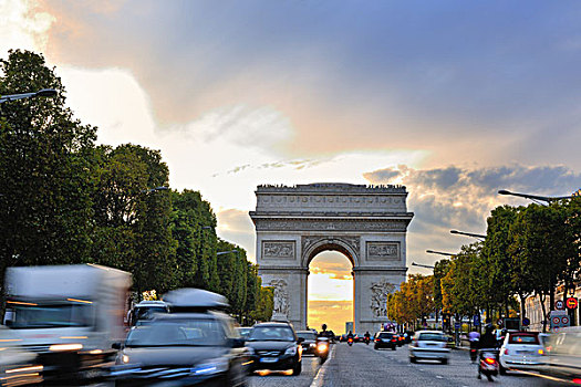 漂亮,夜景,汽车,交通,急促,拱形,巴黎
