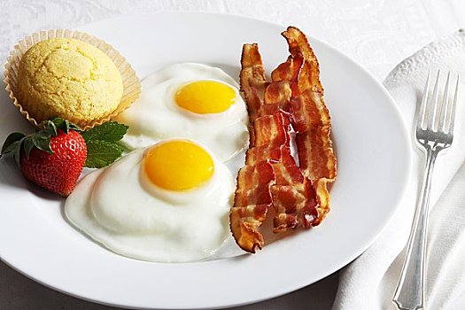 早餐,煎鸡蛋,晴朗,向上,熏肉,玉米