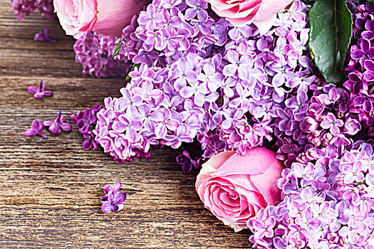 丁香,紫罗兰,花,粉色,玫瑰,特写,木桌子