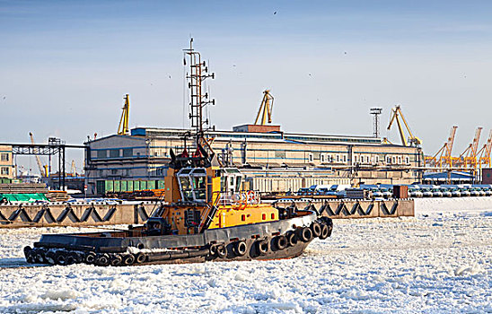 小,托船,冰,水道,港口,彼得斯堡,货物
