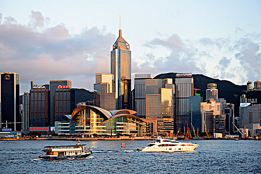 风景,九龙,香港,天际线,河,船,中心,国际,会议,晚上,亮光,中国,亚洲