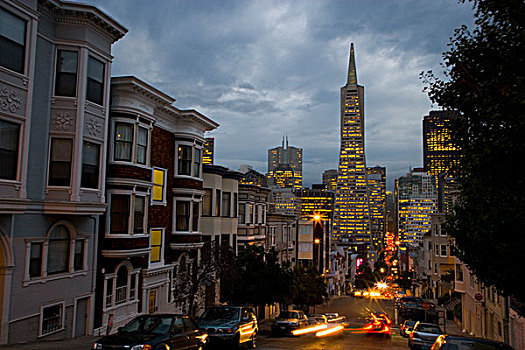 泛美大厦,街道,黃昏,红绿灯,展示,加利福尼亚