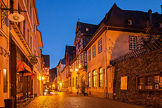 街道,历史,中心,黄昏,巴哈拉赫,莱茵兰普法尔茨州,德国,欧洲