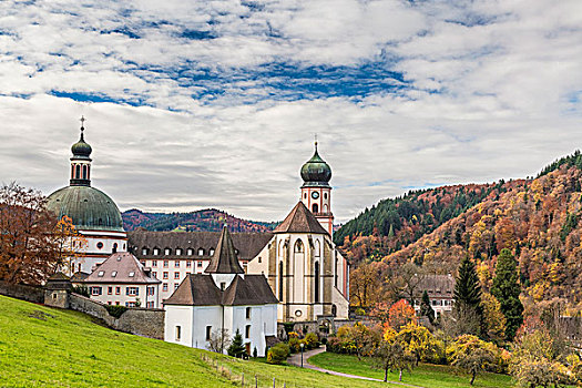 教堂,本笃会修道院,秋天,黑森林,巴登符腾堡,德国,欧洲