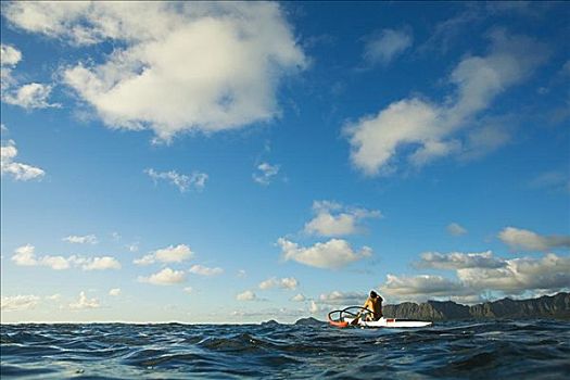 夏威夷,瓦胡岛,男人,划船,一个,舷外支架,独木舟,陆地,背景