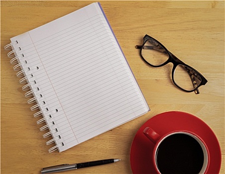 上方,笔记本,眼镜,笔,咖啡杯