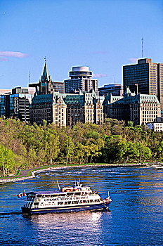 游船,渥太华河,国会山,背景,渥太华,安大略省,加拿大