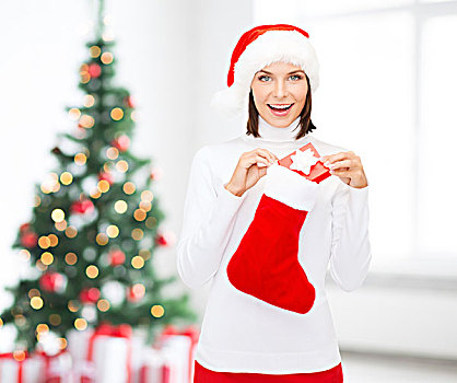 圣诞节,冬天,高兴,休假,人,概念,微笑,女人,圣诞老人,帽子,小,礼盒,圣诞袜,上方,客厅,圣诞树,背景