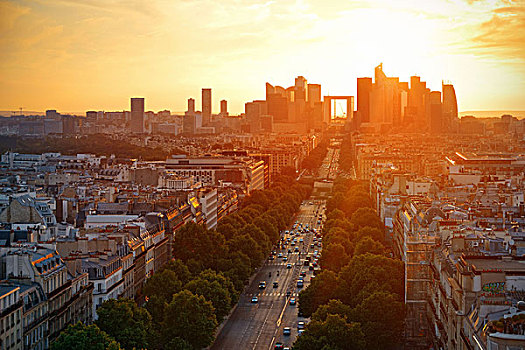 巴黎,日落,屋顶,城市,天际线,拉德芳斯,商务区,法国
