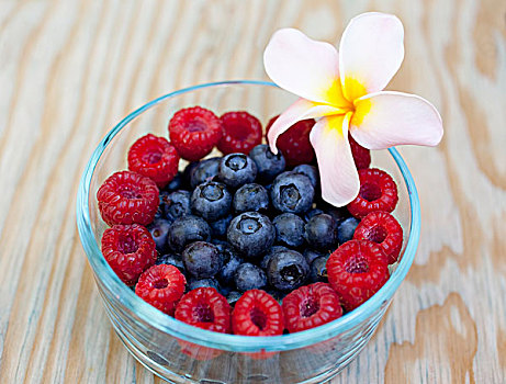 碗,新鲜,蓝莓,树莓,鸡蛋花,花,夏威夷,美国