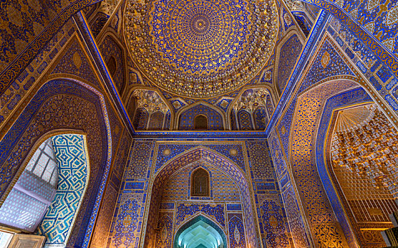 室内,装饰,蓝色,白色,金色,陶瓷,砖瓦,传统,伊斯兰,图案,撒马尔罕
