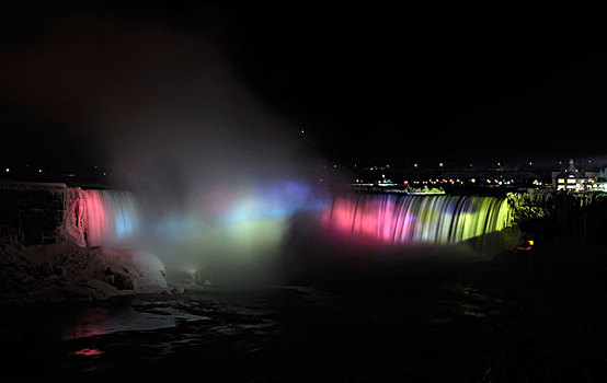 全景,冬天,夜晚,光亮,彩色,马掌,尼亚加拉瀑布,安大略省,加拿大