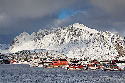 红色,房子,正面,雪山,湾,冬天,瑞恩,罗弗敦群岛,挪威,欧洲