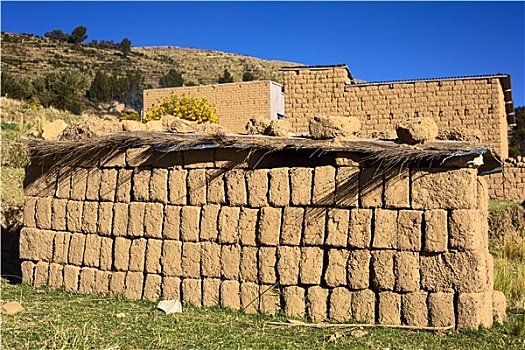 堆,砖坯,砖,提提卡卡湖,玻利维亚