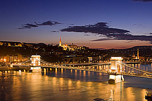 匈牙利,布达佩斯,链索桥,马提亚斯教堂,光亮,黎明