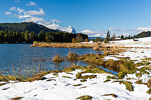 早,雪,湖,正面,楚格峰,山,秋天,陆地,上巴伐利亚,德国