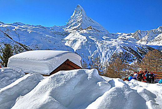 山区木屋,深,下雪,正面,马塔角,策马特峰,瓦莱,瑞士,欧洲