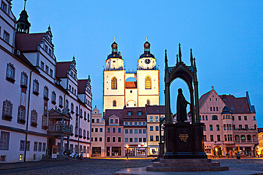 市场,广场,教堂,市政厅,纪念建筑,黎明,萨克森安哈尔特,德国,欧洲