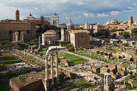 俯视,古罗马广场,遗址,庙宇,双子座,大教堂,拱形,罗马,意大利,欧洲