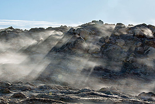 冰岛,蒸汽,熔岩原,阳光,逆光