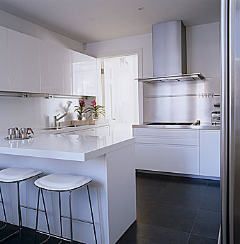 白色,现代,厨房,地砖,漆器,柜子,吧椅