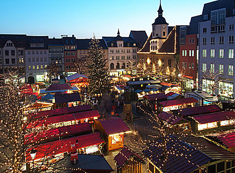 德国,图林根州,耶拿,圣诞市场,晚间,俯视,城市,圣诞节,圣诞树,货摊,市场,人,心情,圣诞时节,时间,降临节,黎明