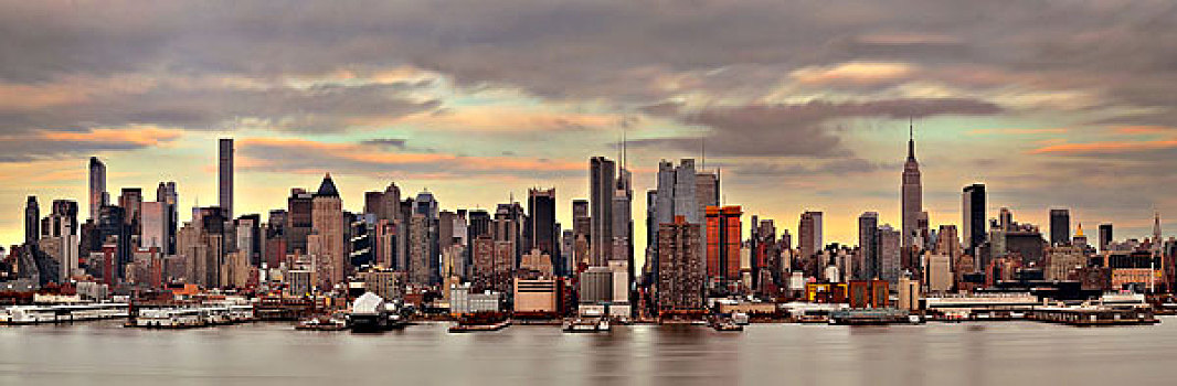 曼哈顿,市中心,天际线,日落