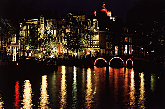 荷兰,阿姆斯特丹,运河,风景,金色,肘,晚间,大幅,尺寸