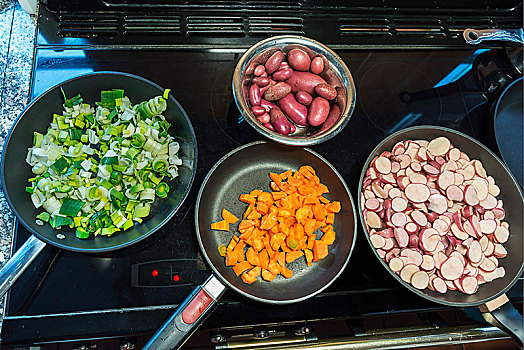 切削,蔬菜,韭葱,胡萝卜,红色,土豆,炉子,德国,欧洲
