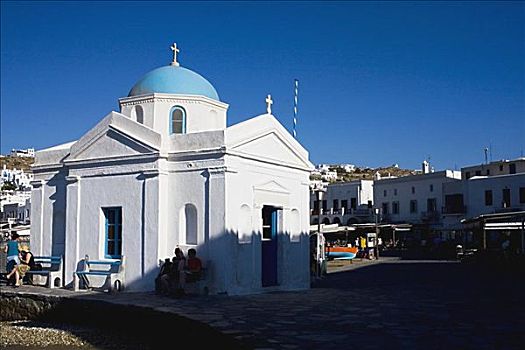 教堂,城镇,米克诺斯岛,基克拉迪群岛,希腊