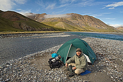 摄影师,帐蓬,砾石,河,北极国家野生动物保护区,阿拉斯加
