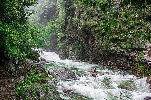 中国安徽黄山翡翠谷景区瀑布翠竹青山