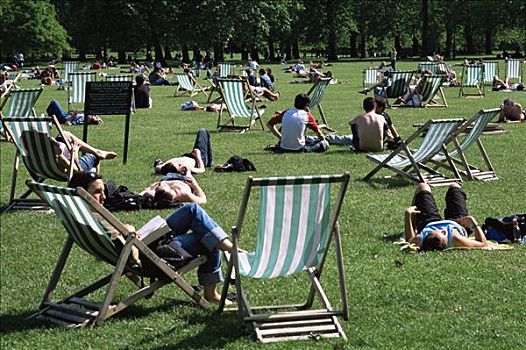 英格兰,伦敦,绿色公园,人,坐,折叠躺椅