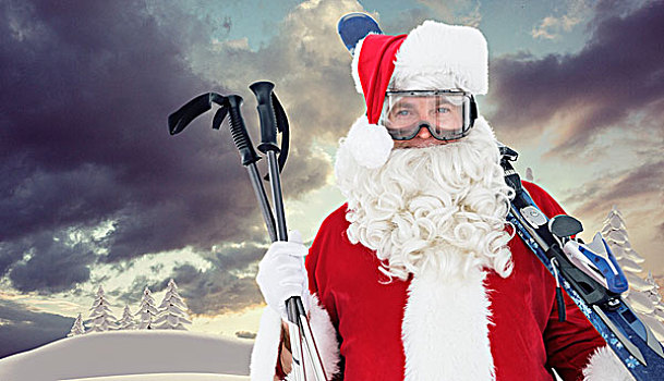 高兴,圣诞老人,姿势,滑雪,滑雪杖