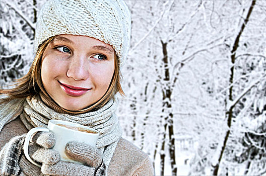 女青年,冬天,帽子,热巧克力