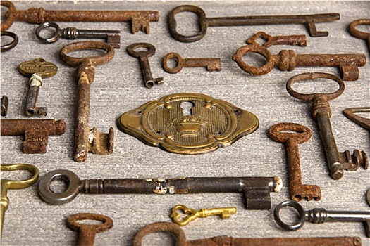 黄铜,锁,围绕,生锈,古式物品,钥匙
