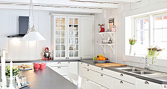 厨房,白色,柜子,灰色,斯堪的纳维亚,木屋