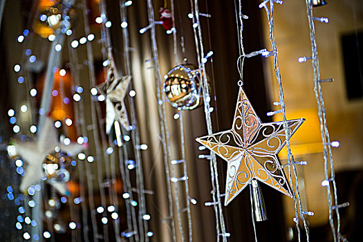 圣诞节,星,悬挂,亮光,丝带