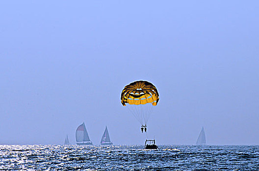 两个人,滑伞运动,后面,快艇,游艇,远景