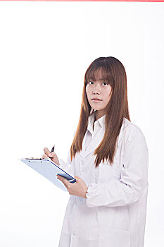 年轻,亚洲女性,整形医生,写字板,白色背景,背景