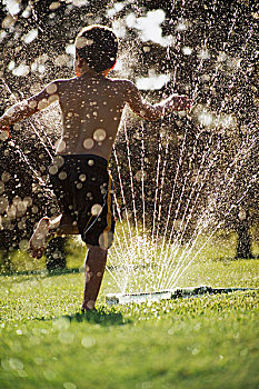 小男孩,玩,花园,洒水器