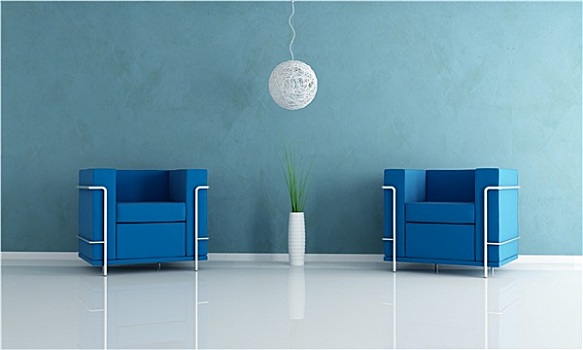 两个,蓝色,天鹅绒,扶手椅,客厅