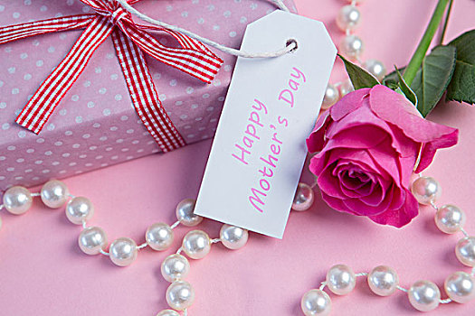 粉红玫瑰,礼物,珍珠项链,标签,母亲节,粉色,表面