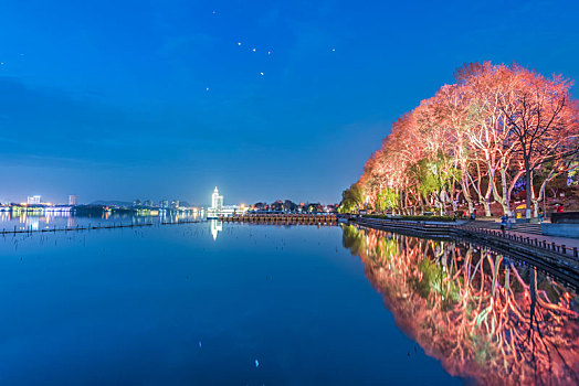 春季,南京,玄武湖公园,湖边,建筑,夜景