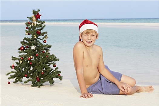 男孩,坐,海滩,圣诞树,帽子